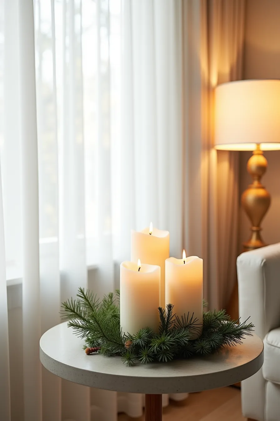 Three pillar candles of different heights surrounded by fresh pine and faux holly sprigs on a polished concrete table.