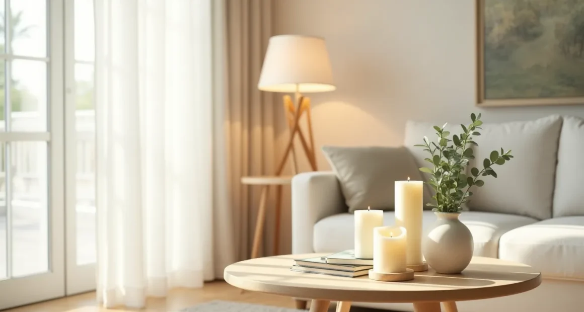 Overhead view of a pale wood coffee table with three cream candles, eucalyptus sprigs, and white ceramic vessels arranged
