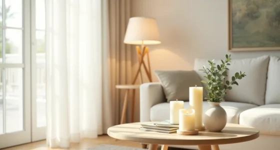 Overhead view of a pale wood coffee table with three cream candles, eucalyptus sprigs, and white ceramic vessels arranged