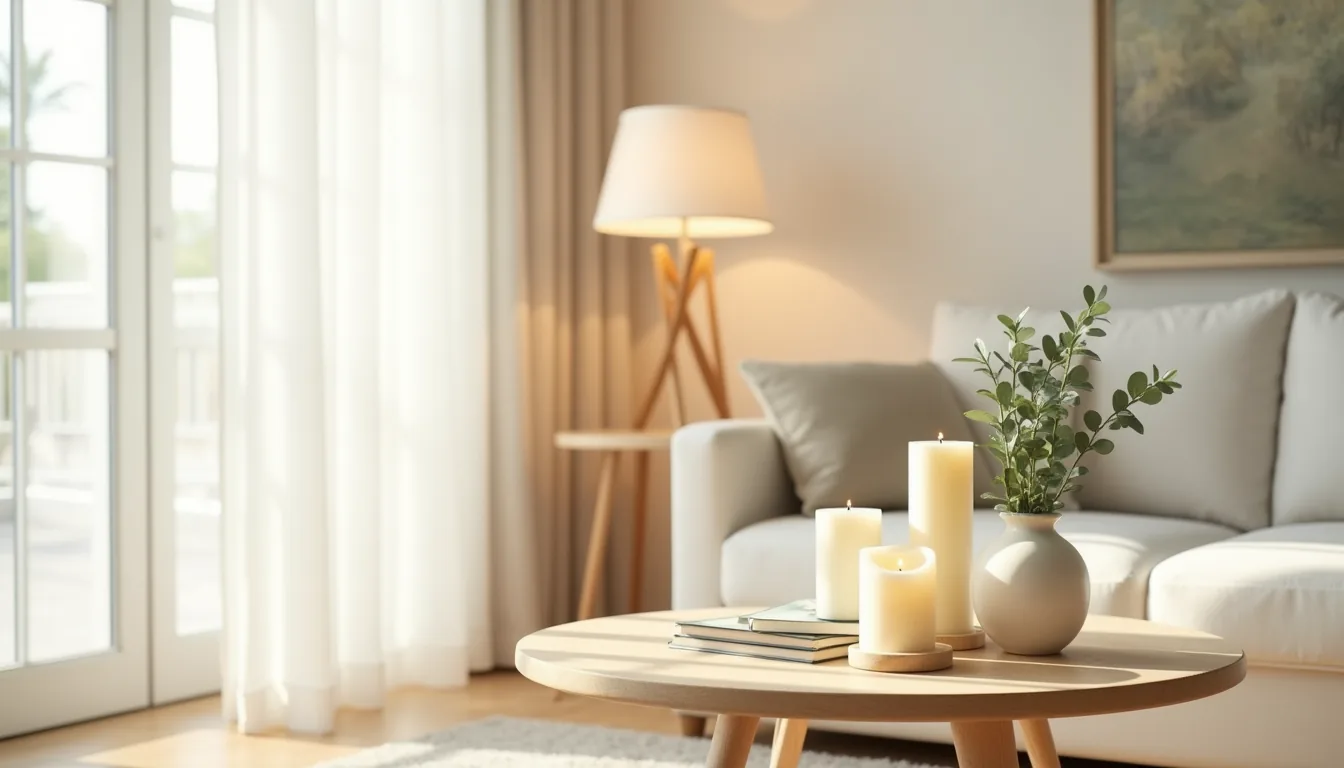 Overhead view of a pale wood coffee table with three cream candles, eucalyptus sprigs, and white ceramic vessels arranged