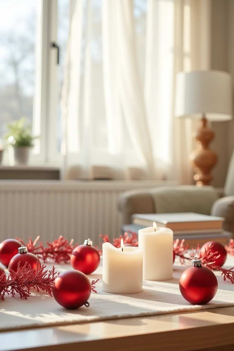 Red paper garland, clear and matte glass ornaments, and a white pillar candle scattered on a cotton runner.