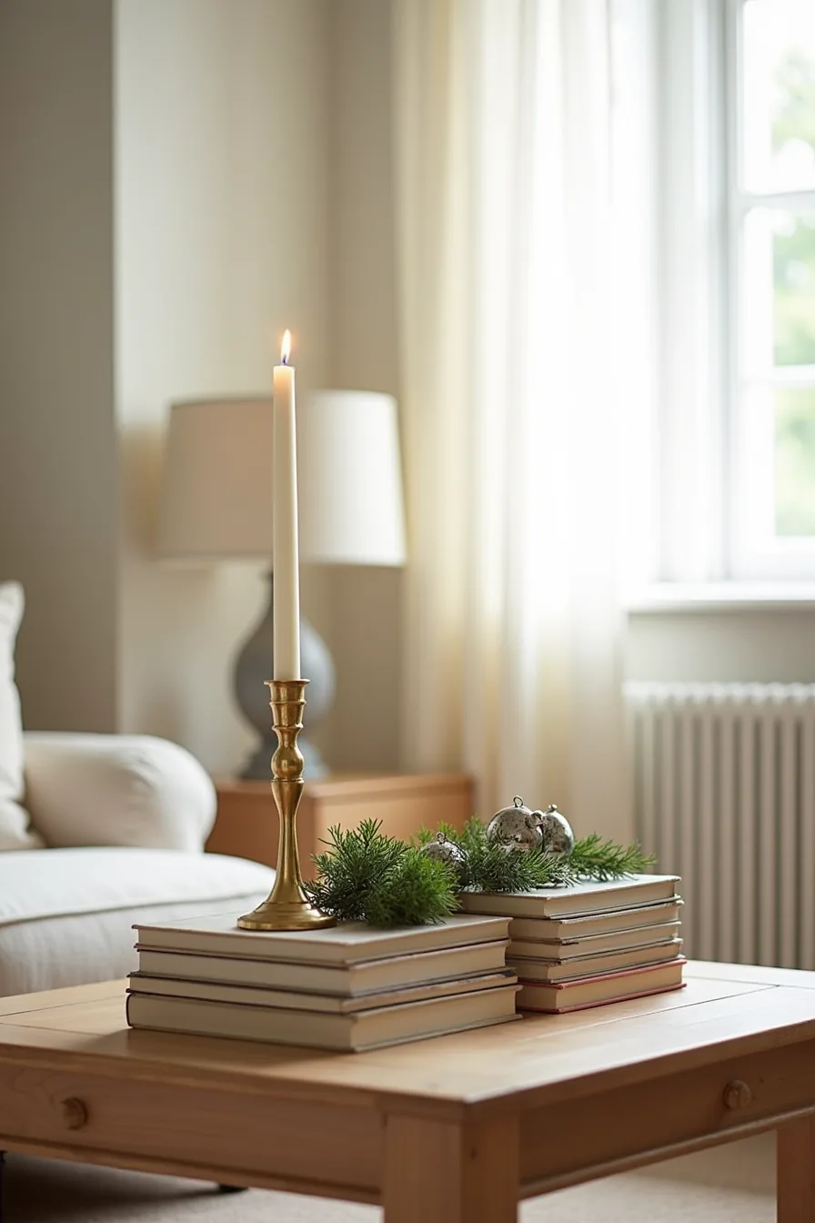 Stacked books support a brass candlestick with a lit taper candle, flanked by greenery and silver ornaments on a coffee
