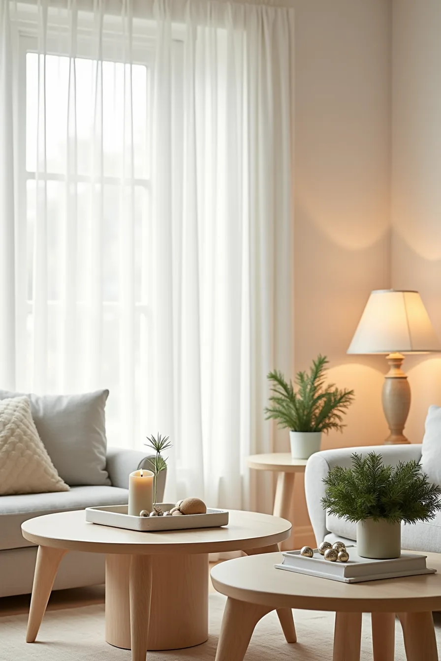Three coffee tables in different sizes display varying Christmas arrangements from minimal to elaborate displays.