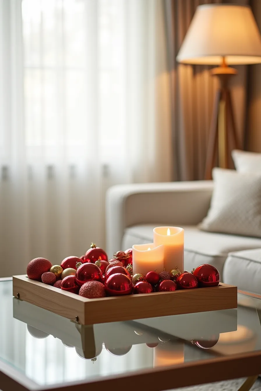 A wooden tray on a glass table filled with red and gold ornaments, votive candles, and brass bells viewed from above.