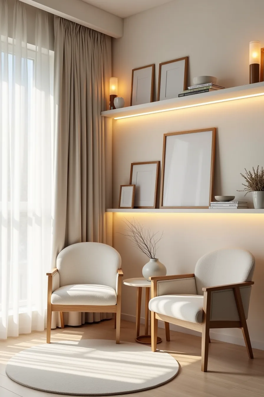 Corner seating area with two accent chairs facing each other, side table between them, shelving behind with LED lights above.