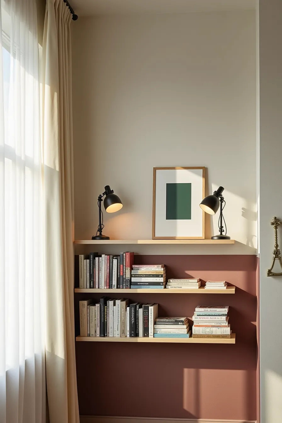 Shelving unit stacked with books, flanked by two clip lamps with warm light, against a deep-colored painted wall with framed