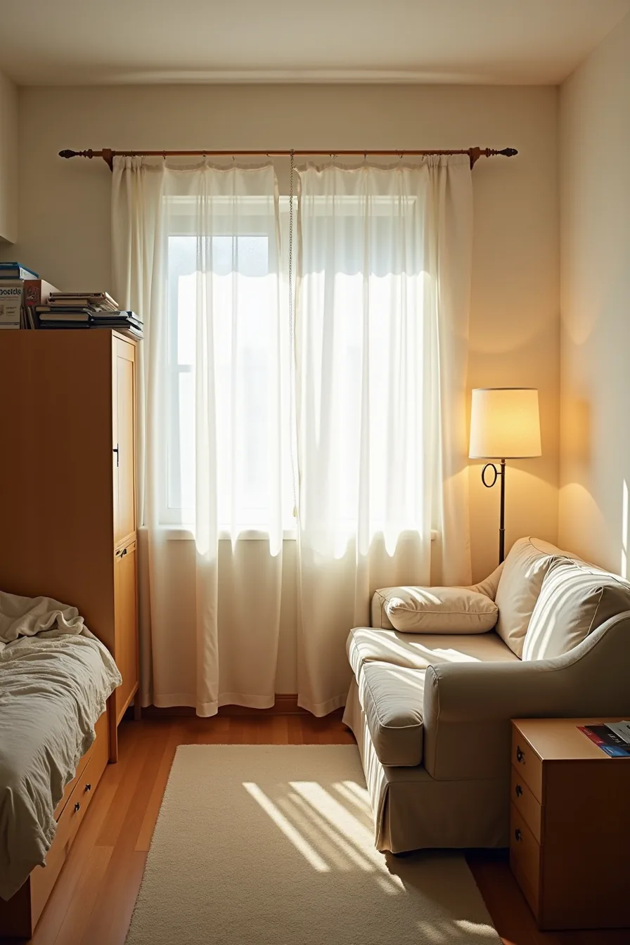 Cluttered dorm corner with oversized furniture, stacked boxes, tangled cords, and messy shelf contrasted against clear open