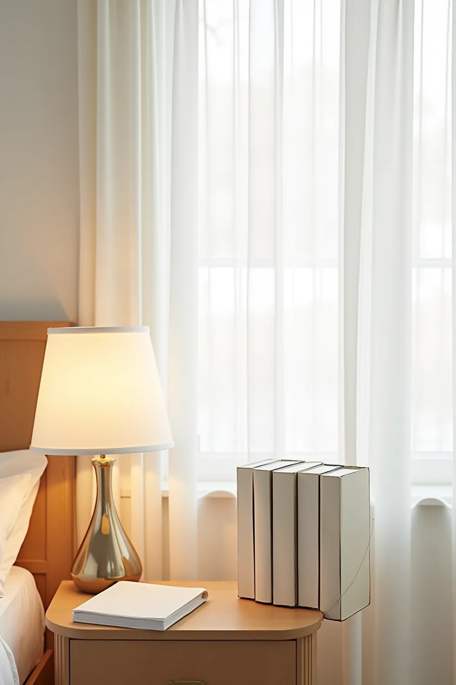 Three product categories shown separately: adhesive hooks and strips, portable storage organizer, and wooden bedside table.