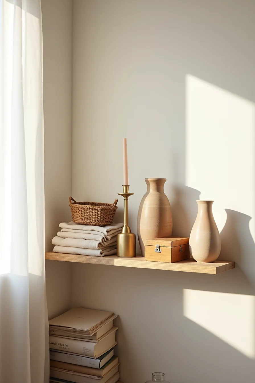 Weathered wooden shelf displaying ceramic vessels, woven basket, wooden box, brass candlestick, and glass jar at varying
