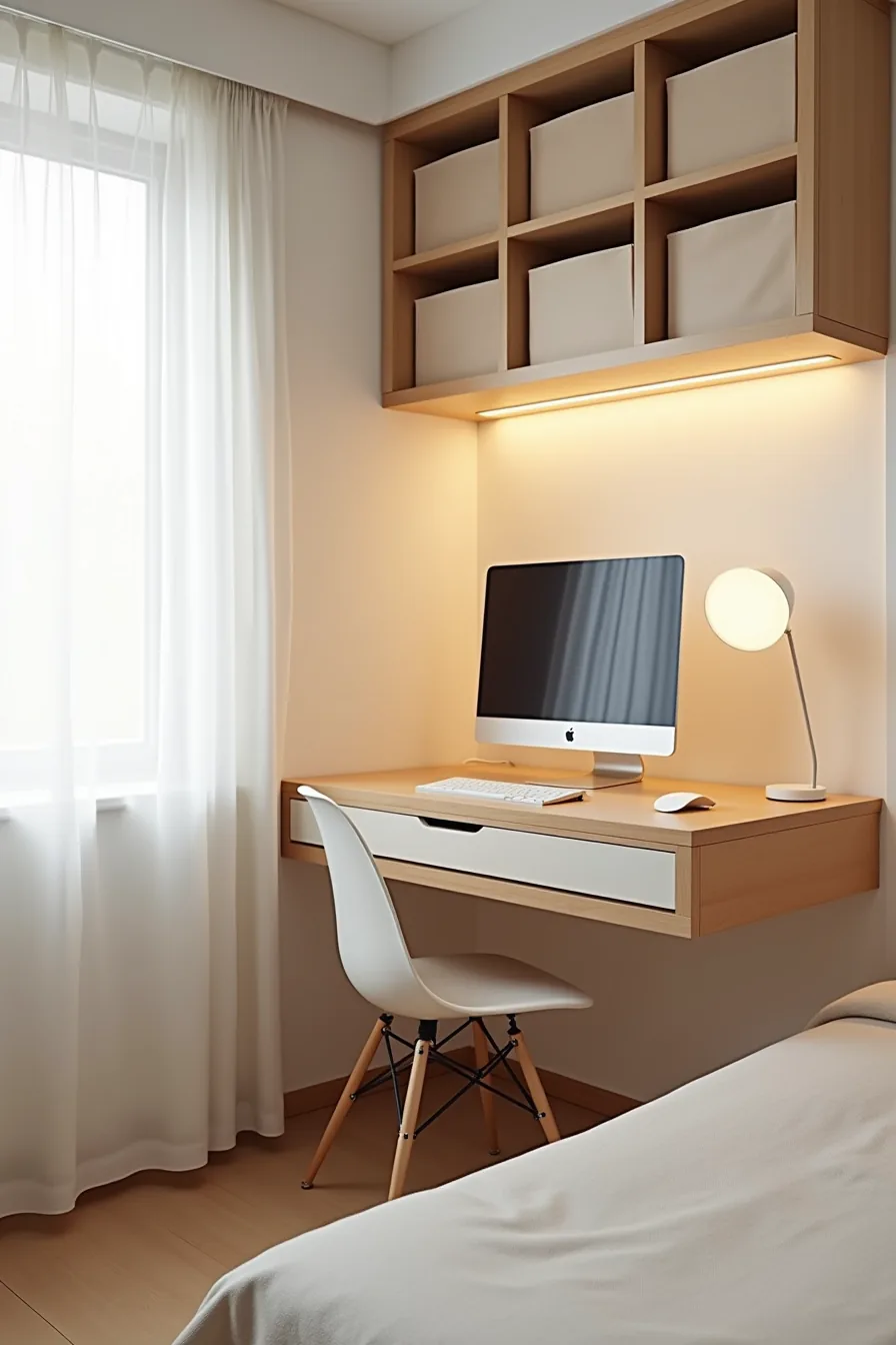 Dorm corner with floating desk, monitor, tucked chair, and shelving filled with stacked storage boxes.