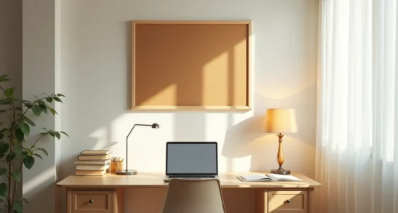 Overhead view of a tidy dorm desk with lamp, laptop, and blank cork board on the wall.