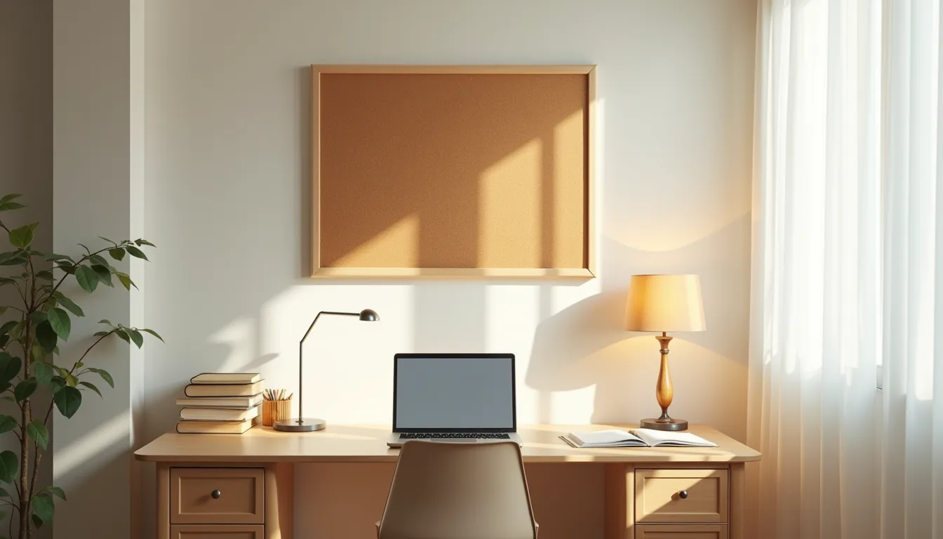 Overhead view of a tidy dorm desk with lamp, laptop, and blank cork board on the wall.