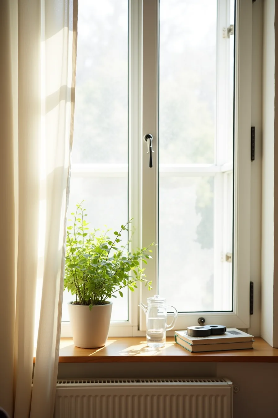 Windowsill arrangement of succulent, pothos, fern, and watering can backlit by bright daylight through sheer curtains.