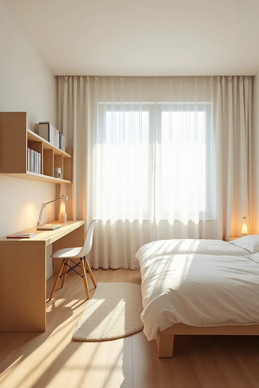 Compact bedroom layout with bed, perpendicular desk, narrow wall shelves, and area rug marking the floor space.
