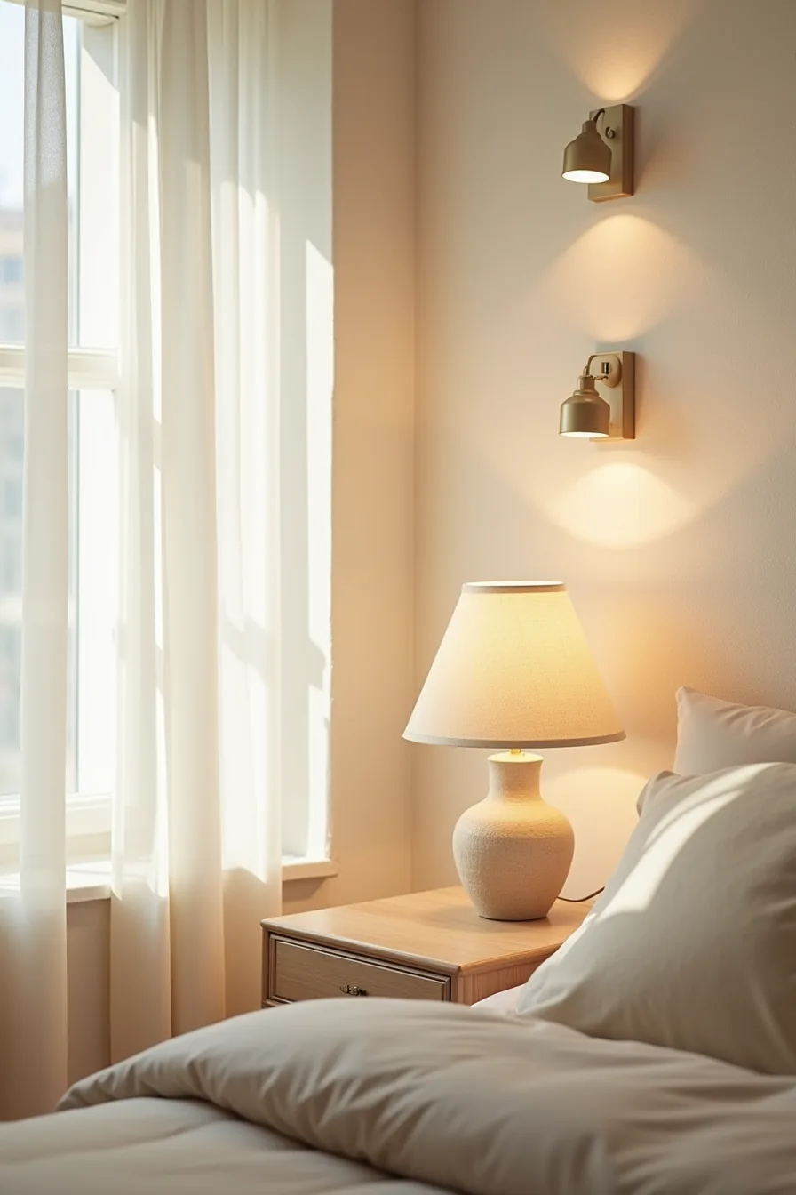 Bedside ceramic lamp with linen shade next to wall-mounted sconce illuminating textured plaster.