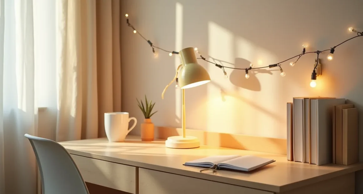 Warm desk lighting setup with lamp, string lights, and clip-on light above a workspace with notebook and mug.