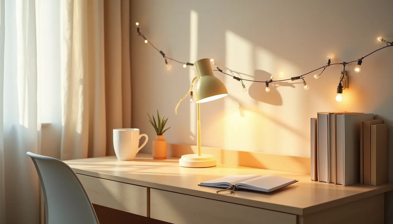 Warm desk lighting setup with lamp, string lights, and clip-on light above a workspace with notebook and mug.