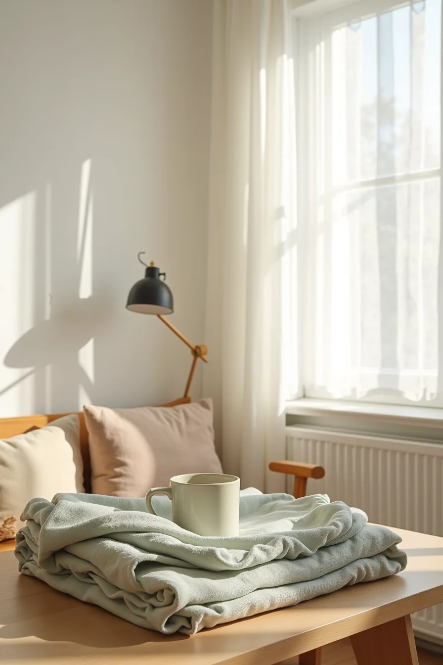 Arranged collection of linen throw, wooden organizer, ceramic mug, and wool pillow in sage and taupe tones.