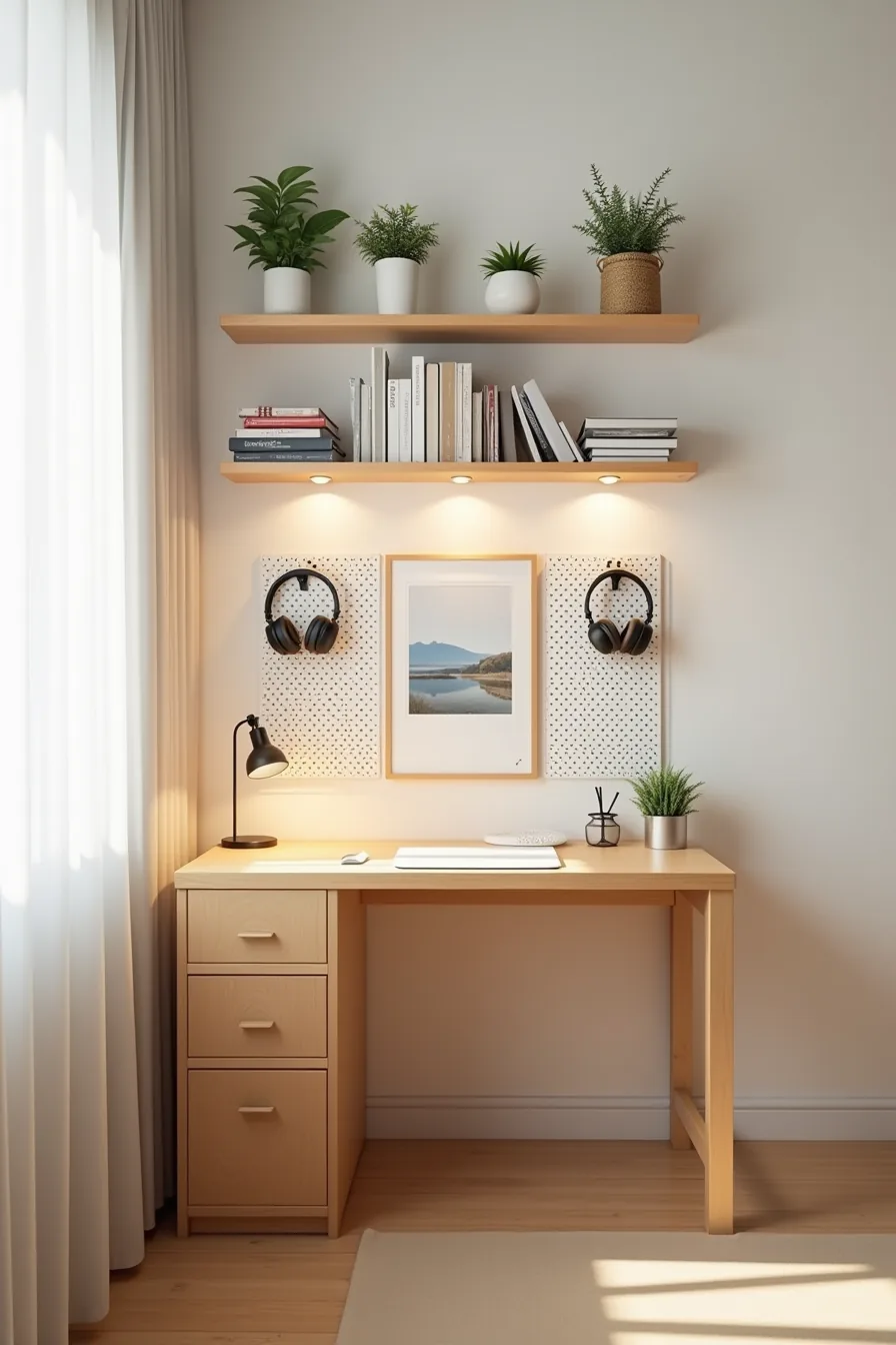 Wall storage with wooden floating shelves, pegboard organizer, potted plants, and framed landscape print above desk.
