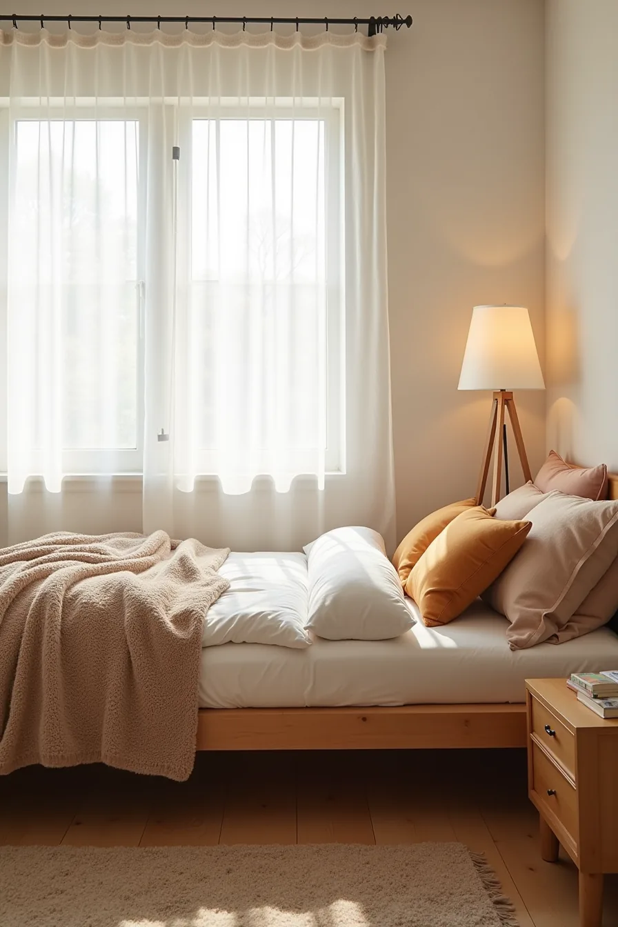 Bed layered with patterned rug, knit throw blanket, and stacked throw pillows in warm neutral colors.