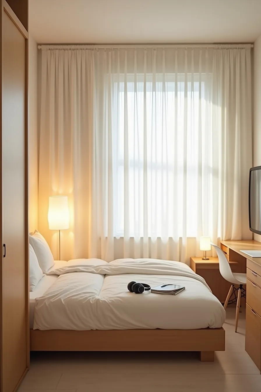 Bed alcove separated by sheer privacy screen with desk lamp, headphones on pillow, and shared room space beyond.