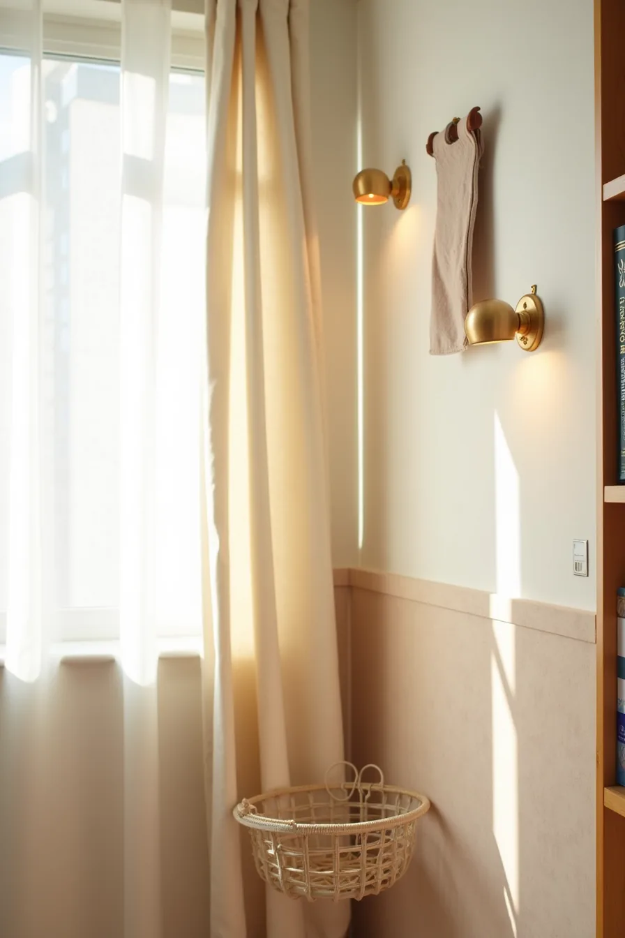 Wall corner with removable wallpaper, command hooks holding wire basket, and fabric wall hanging.