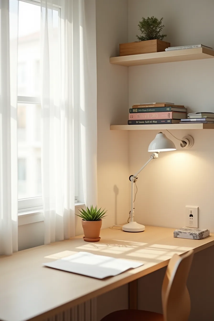 Compact 36-inch desk by window with clamped task lamp, floating shelves holding textbooks and organizer, and small potted