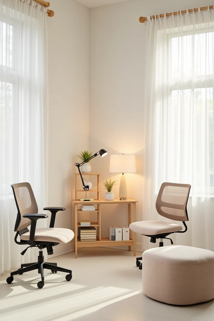 Collection of dorm furniture including ergonomic mesh chair, modular wood-metal shelving, adjustable desk lamp, desk