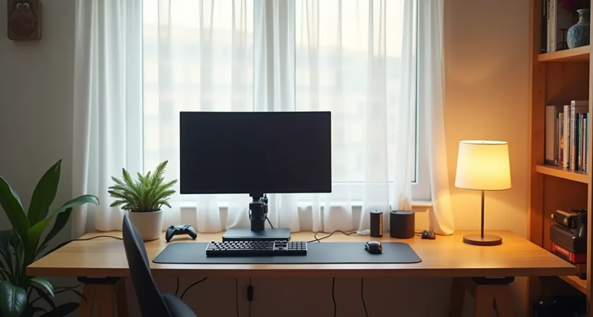 Overhead view of a gaming desk setup with monitor on articulating arm, mechanical keyboard, cable management raceway, lumbar