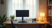 Overhead view of a gaming desk setup with monitor on articulating arm, mechanical keyboard, cable management raceway, lumbar