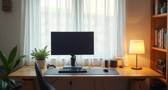 Overhead view of a gaming desk setup with monitor on articulating arm, mechanical keyboard, cable management raceway, lumbar