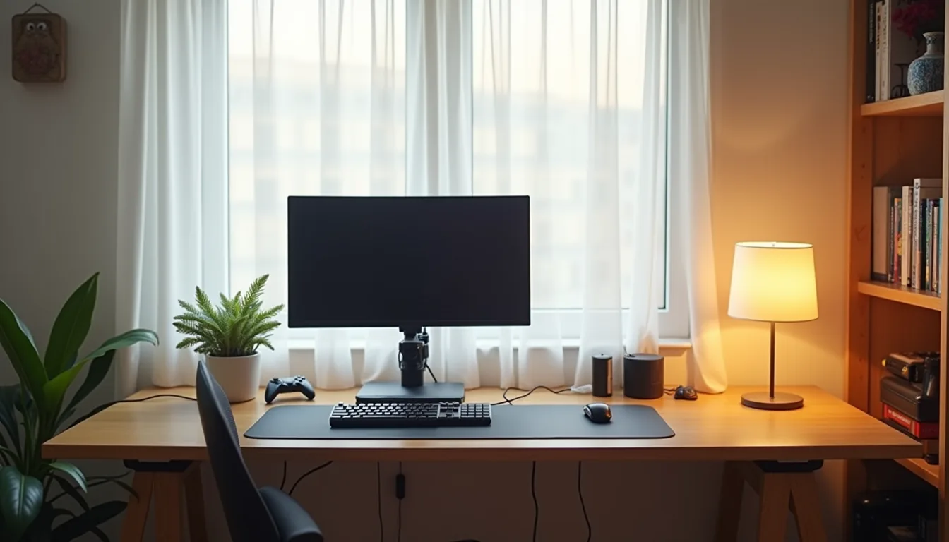 Overhead view of a gaming desk setup with monitor on articulating arm, mechanical keyboard, cable management raceway, lumbar
