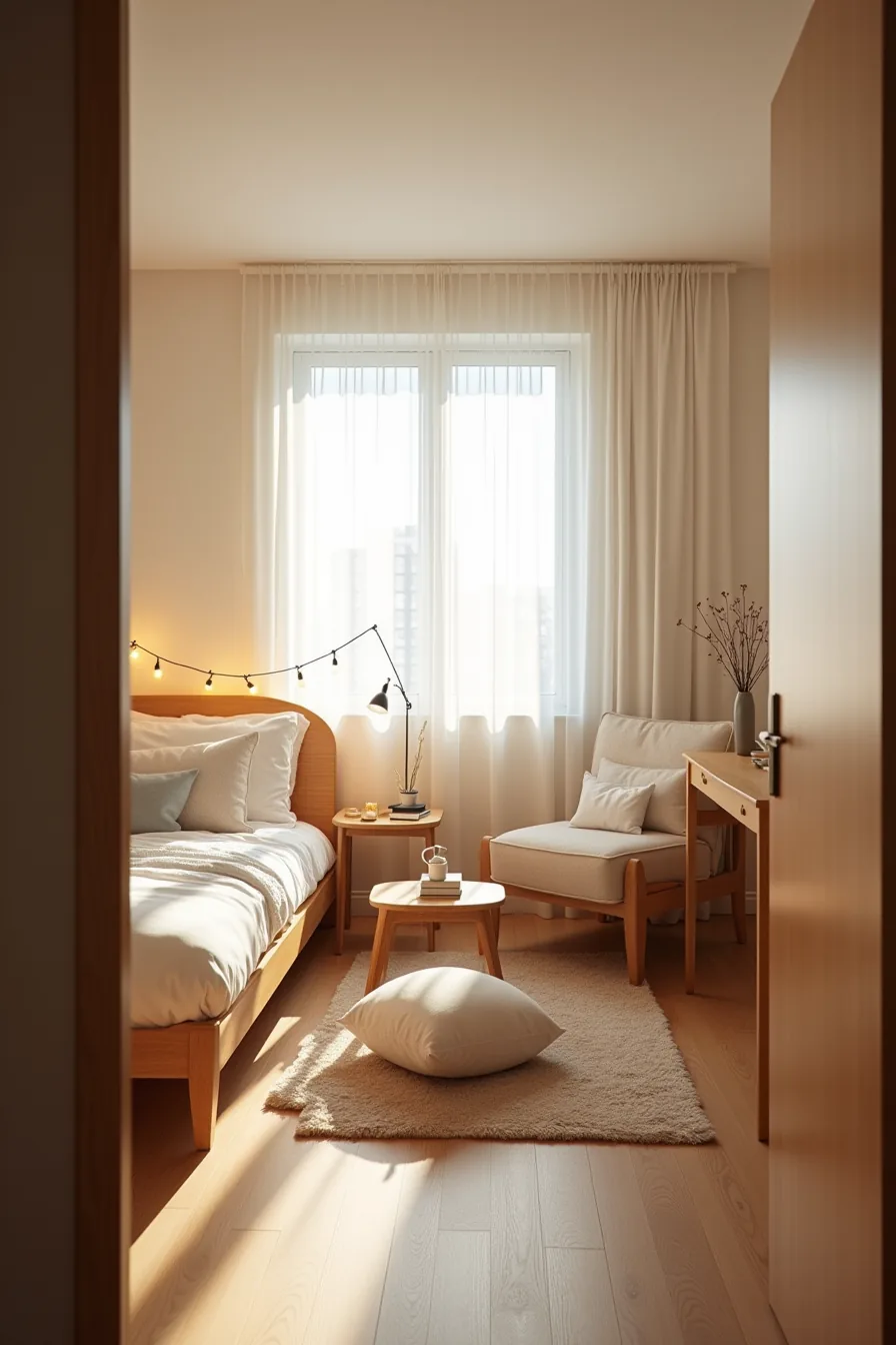 Dorm room layout with low coffee table surrounded by floor cushions, small sofa, bed with string lights, and corner desk.