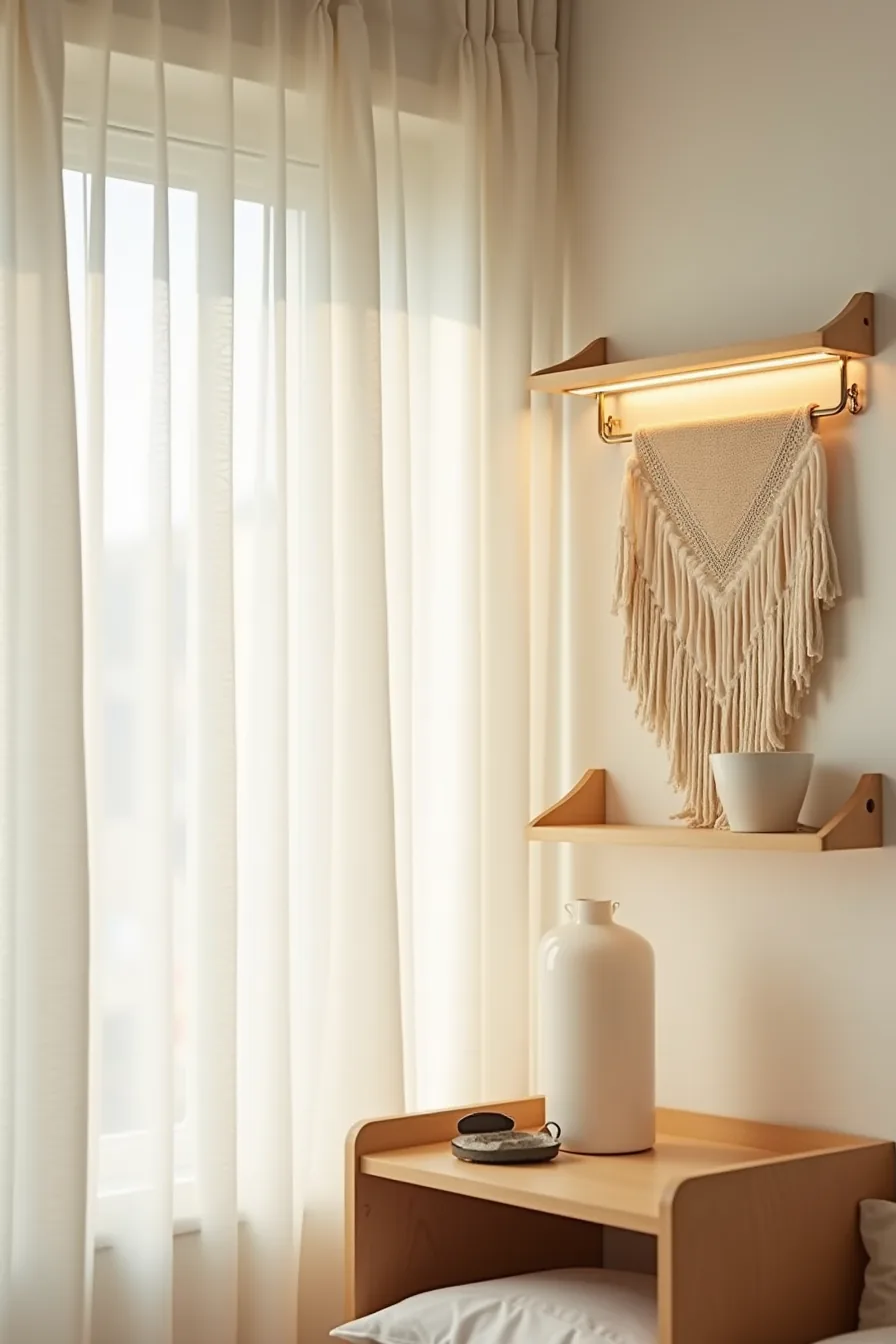 Dorm wall with adhesive hooks holding fabric tapestry, LED strip lights, command strip shelf, and painter's tape outline—all