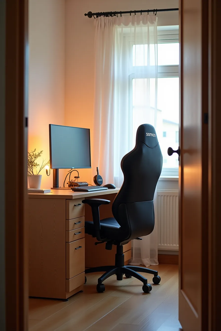 Gaming workstation with 27-inch monitor on articulating arm, RGB LED backlighting, high-back gaming chair, under-desk cable