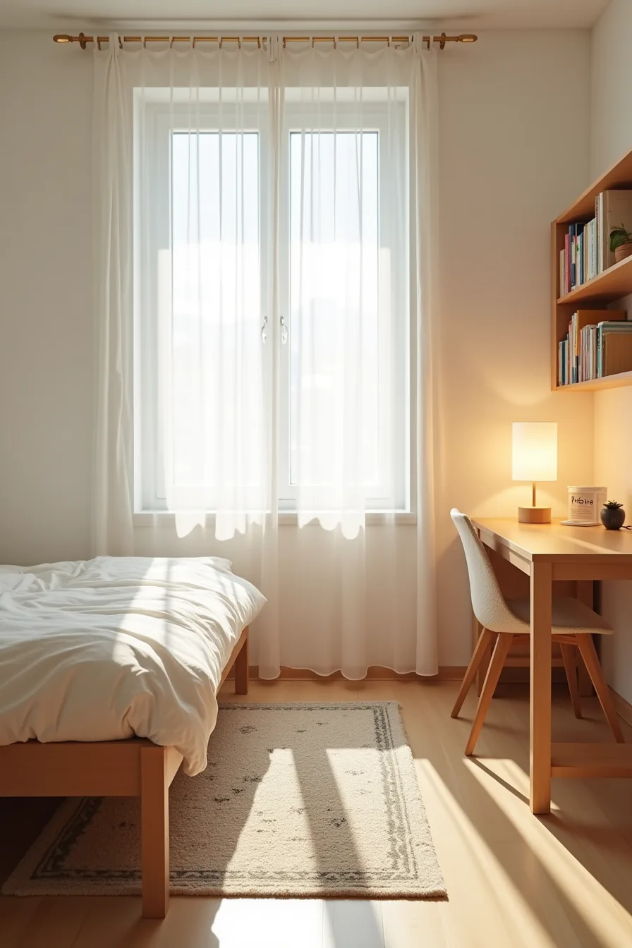 Dorm corner divided by fabric panel, with patterned rug under bed on one side and desk with separate rug on the other.