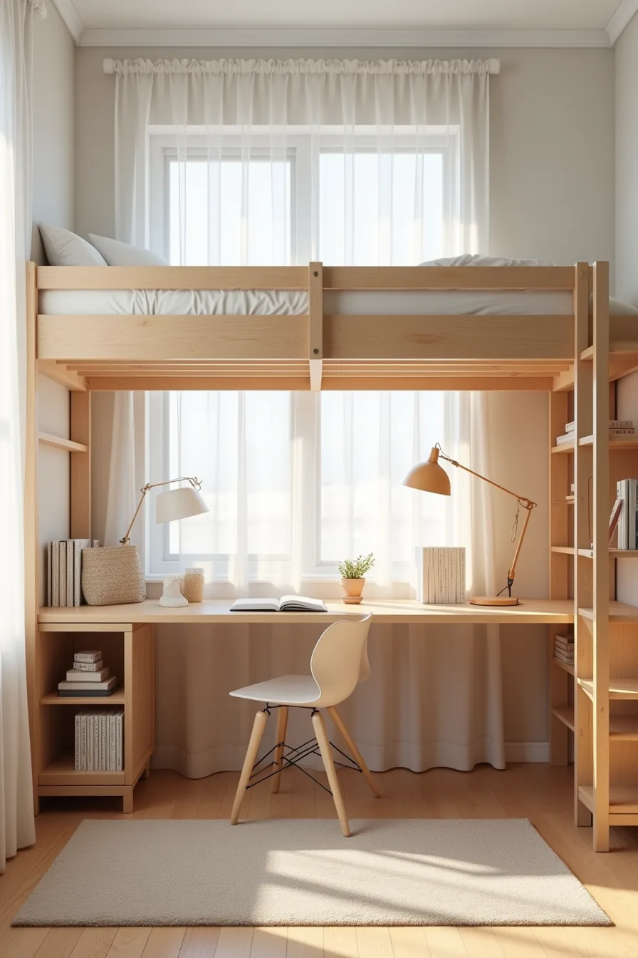 Loft bed elevated 4 feet above a workspace containing desk, task chair, shelving unit, and area rug underneath.