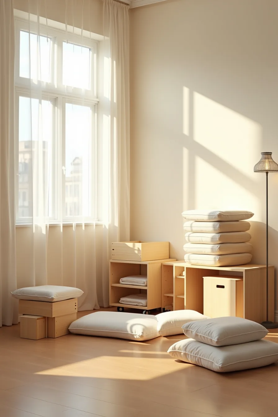 Dorm corner with stacked storage cubes, rolling tiered cart, modular floor cushions, and low shelving unit, all movable