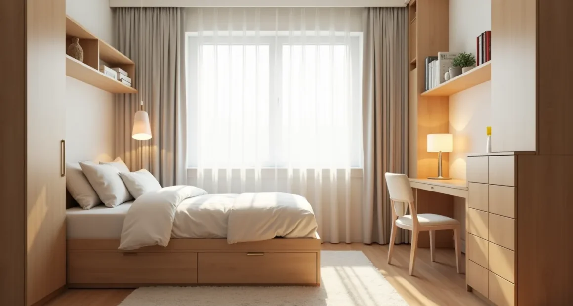 Compact dorm room from above showing twin bed with under-bed drawers, desk by window, floating shelves, and area rug with