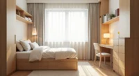 Compact dorm room from above showing twin bed with under-bed drawers, desk by window, floating shelves, and area rug with