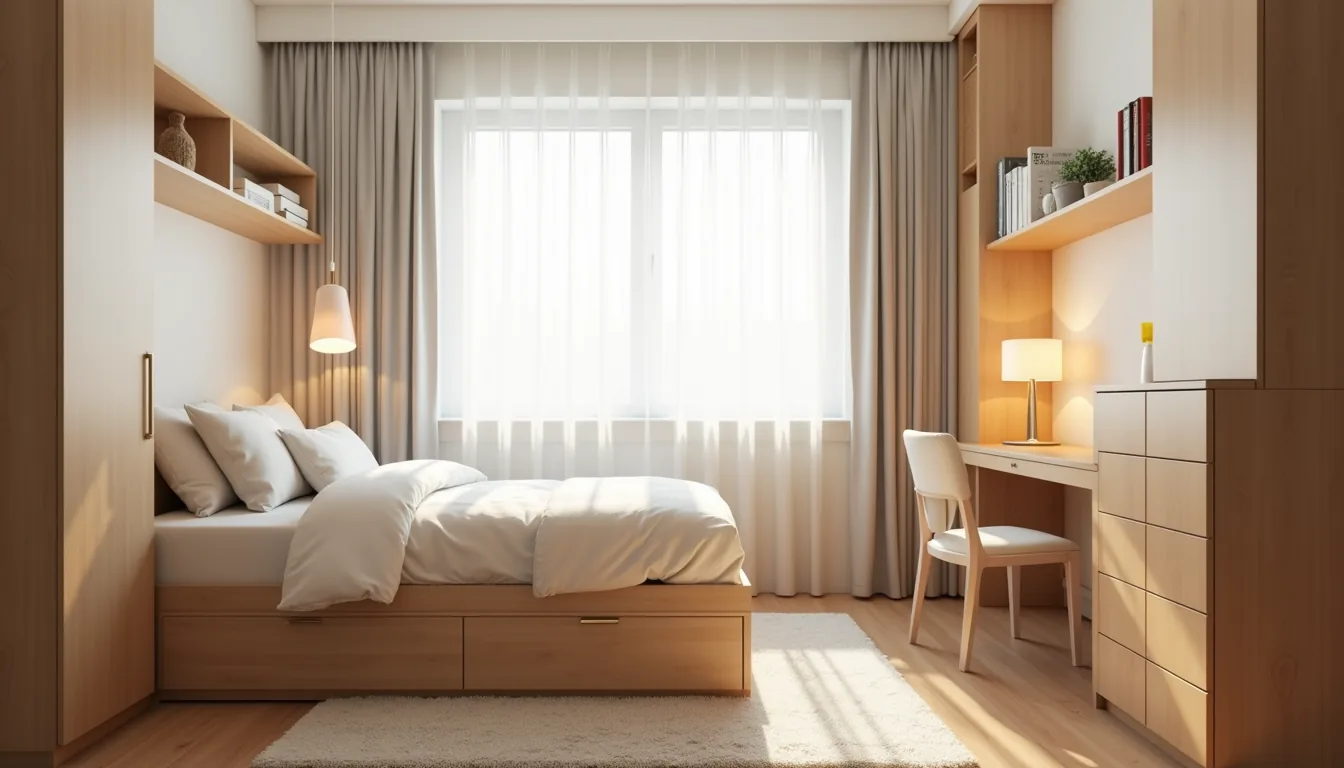 Compact dorm room from above showing twin bed with under-bed drawers, desk by window, floating shelves, and area rug with