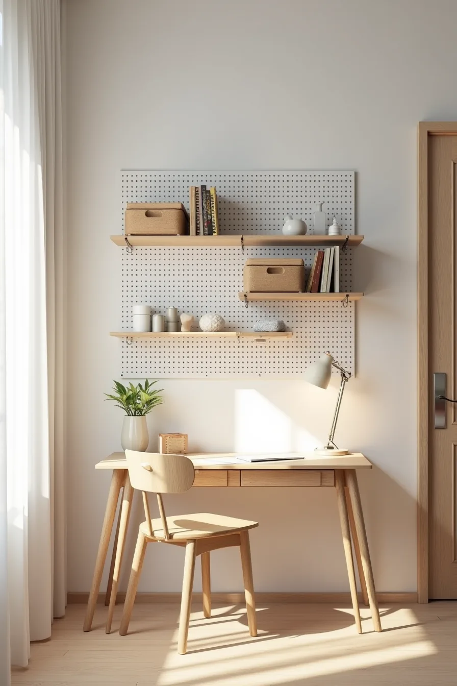 Floor-to-ceiling pegboard accent wall with floating shelves holding storage baskets and boxes, narrow desk beneath.