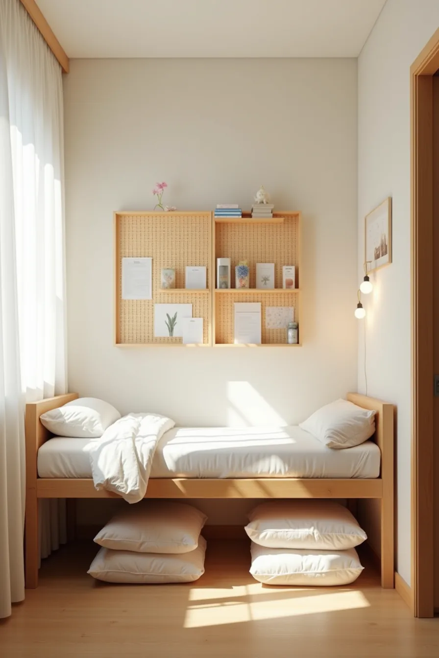 Dorm corner with twin bed frame, vacuum-sealed storage bags below, pegboard wall system, narrow shelf, and open floor area.