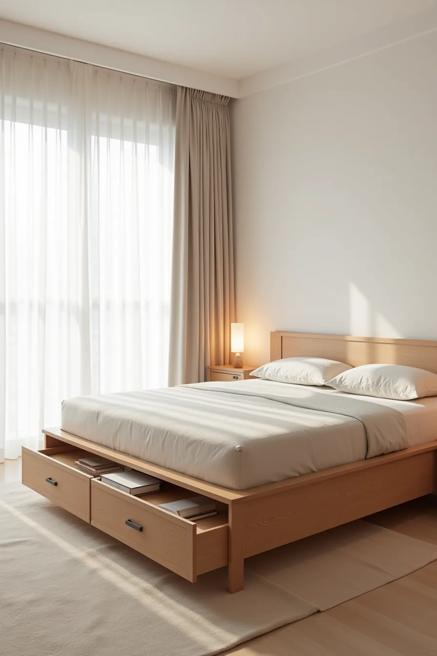 Solid wood platform bed with integrated base drawers, quality mattress, and neutral bedding displayed at three-quarter angle.