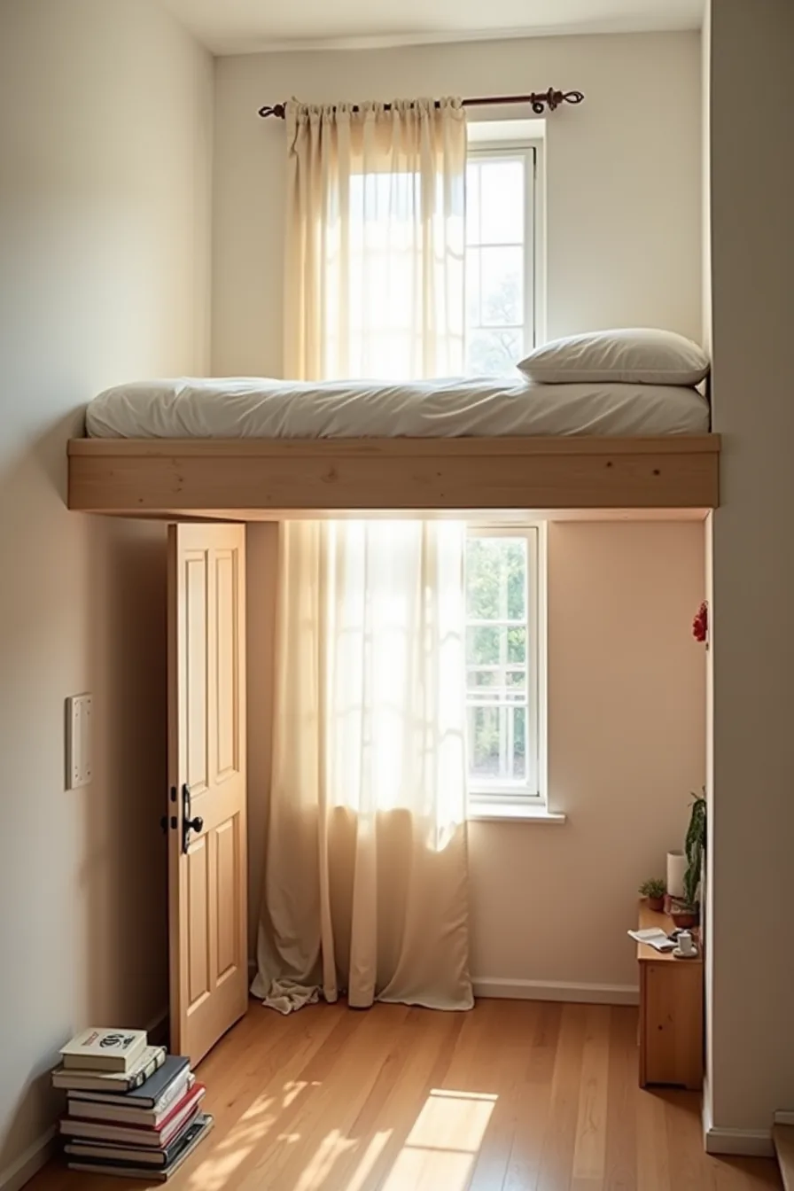 Loft positioned against a window with only 18 inches of headroom, partially blocking the door and floor clutter.