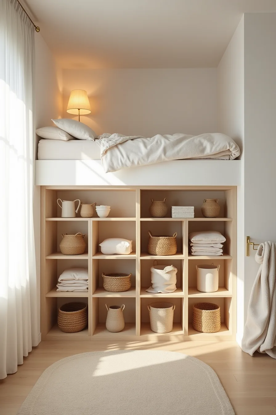 Corner loft with open wooden shelves below holding woven baskets, stacked containers, and folded textiles.