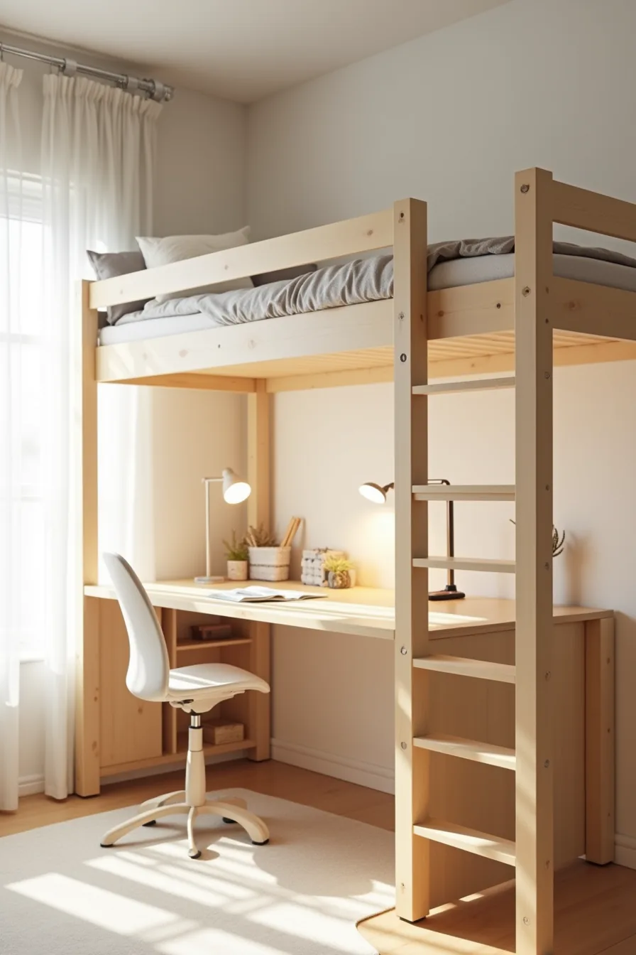 L-shaped wooden loft combining an elevated bed with a perpendicular desk featuring a lamp, monitor stand, and shelf.