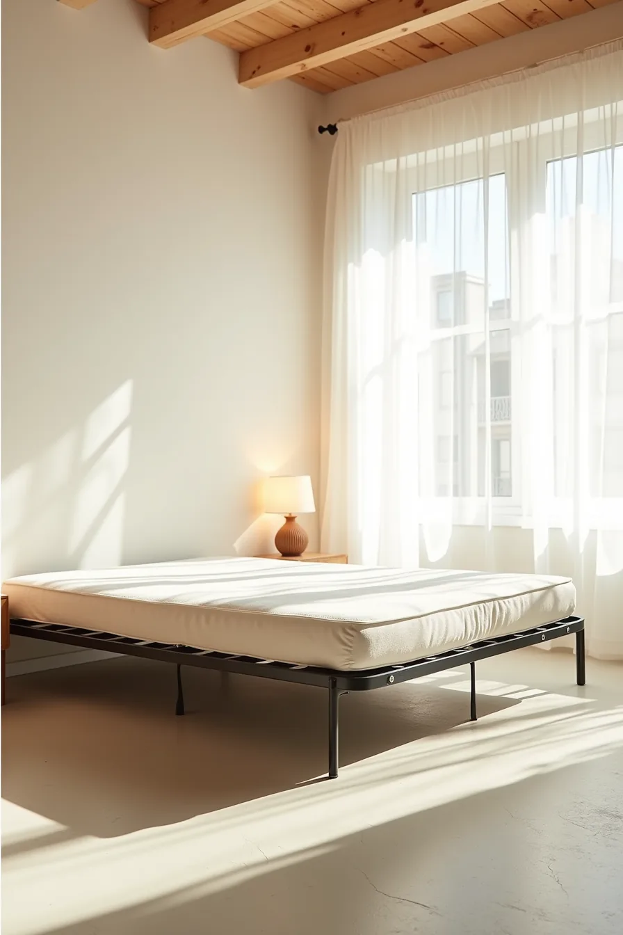 Metal-tube loft with mattress on top casting a distinct shadow on the bare concrete floor below.