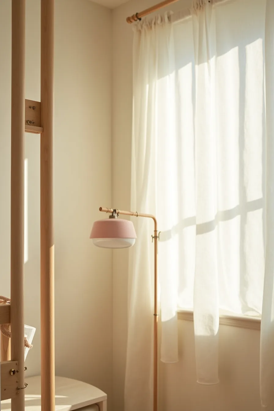 Tension rods between metal poles supporting a removable loft frame on unmarked dorm walls.