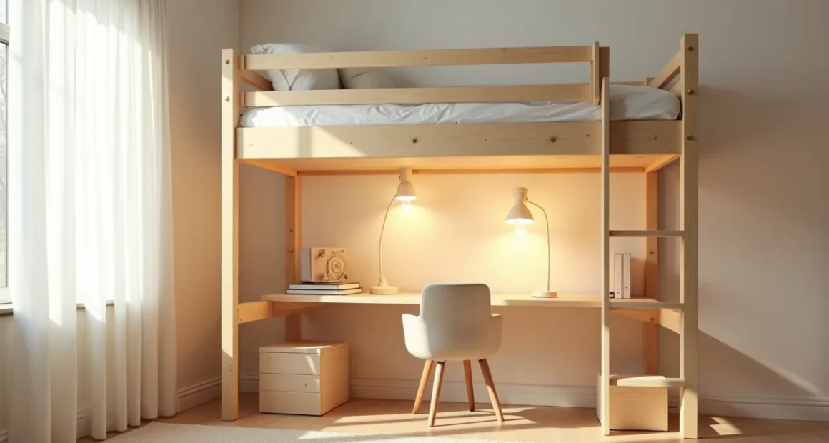 Wooden platform loft 4 feet high with desk, chair, and storage bins visible in the open space underneath.